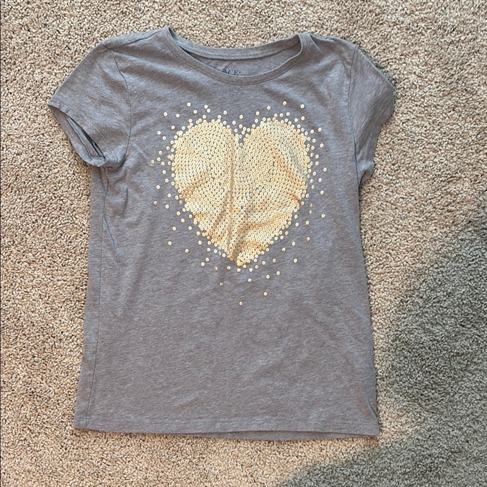 The Children's Place Gray and Gold Sequin Heart Short Sleeve Tee